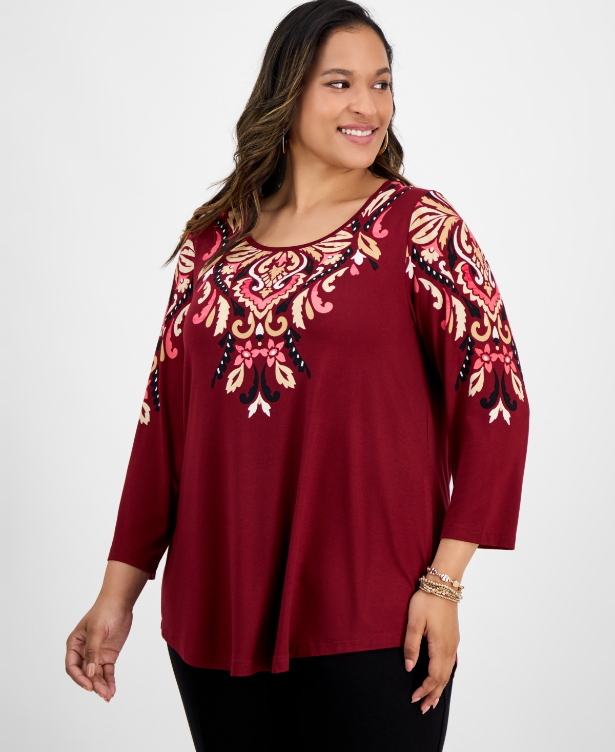 Jm Collection Plus Size Printed Scoop-neck 3/4-sleeve Top, Exclusively At Macy's