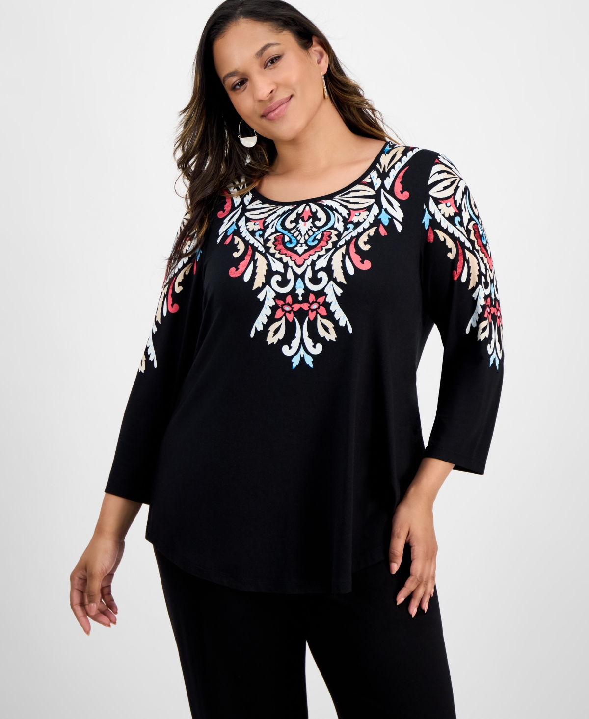 Jm Collection Plus Size Printed Scoop-neck 3/4-sleeve Top, Exclusively At Macy's In Black