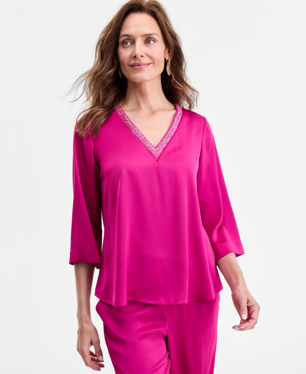 Women's Beaded V-Neck 3/4-Sleeve Top, Exclusively at Macy's - Purple Fizz