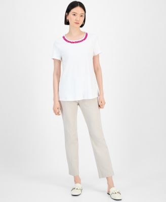 Women's Cotton Beaded-Neck T-Shirt, Exclusively at Macy's