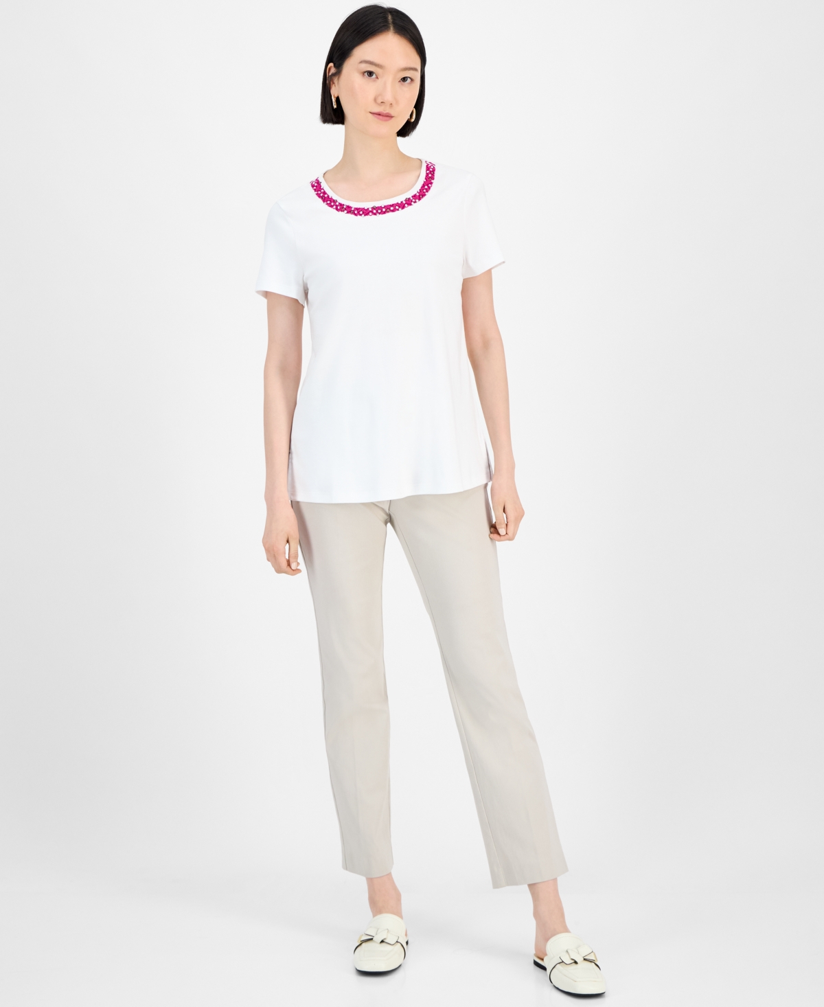 Jm Collection Women's Cotton Beaded-neck T-shirt, Exclusively At Macy's In White