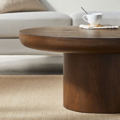 36" Round Wood Coffee Table with Cylindrical Leg (Brown)