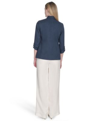 Women's Faux Denim 3/4 Sleeve Jacket, Johnny-Collar Sleeveless Sweater & Cotton-Blend Wide-Leg Pants