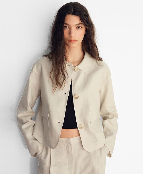 alfani MANGO Women's Pocket Linen-Blend Jacket Women's Fashion Shoes & Accessories