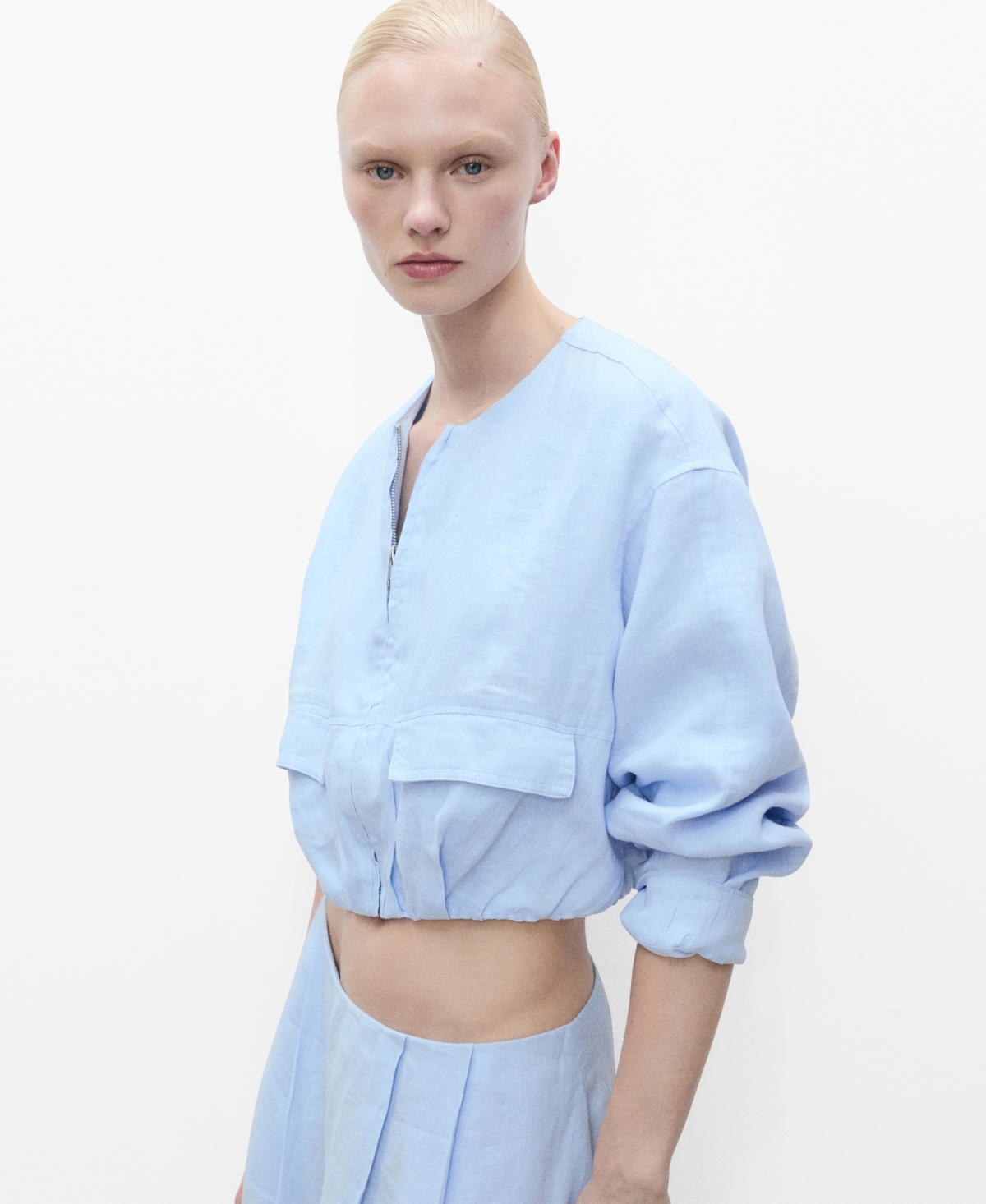 Mango Cropped Linen Jacket With Pockets Sky Blue