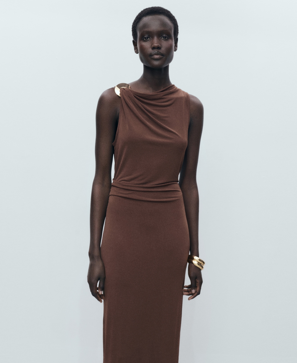Mango Draped Body-con Maxi Dress In Brown