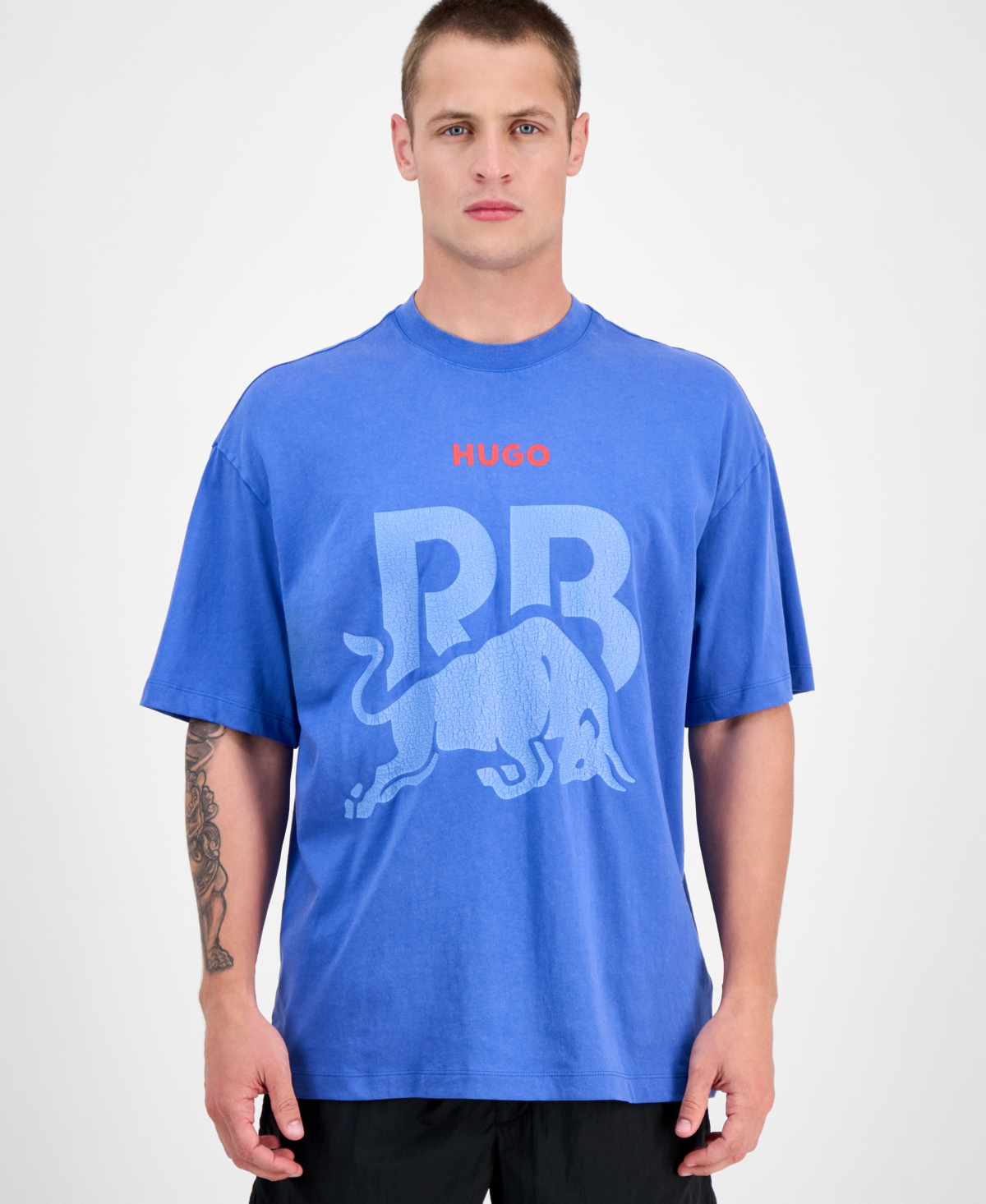 Hugo by Hugo Boss Men's Washed Fanwear Oversized Short Sleeve Crewneck Bull Graphic T-Shirt - Med Blue