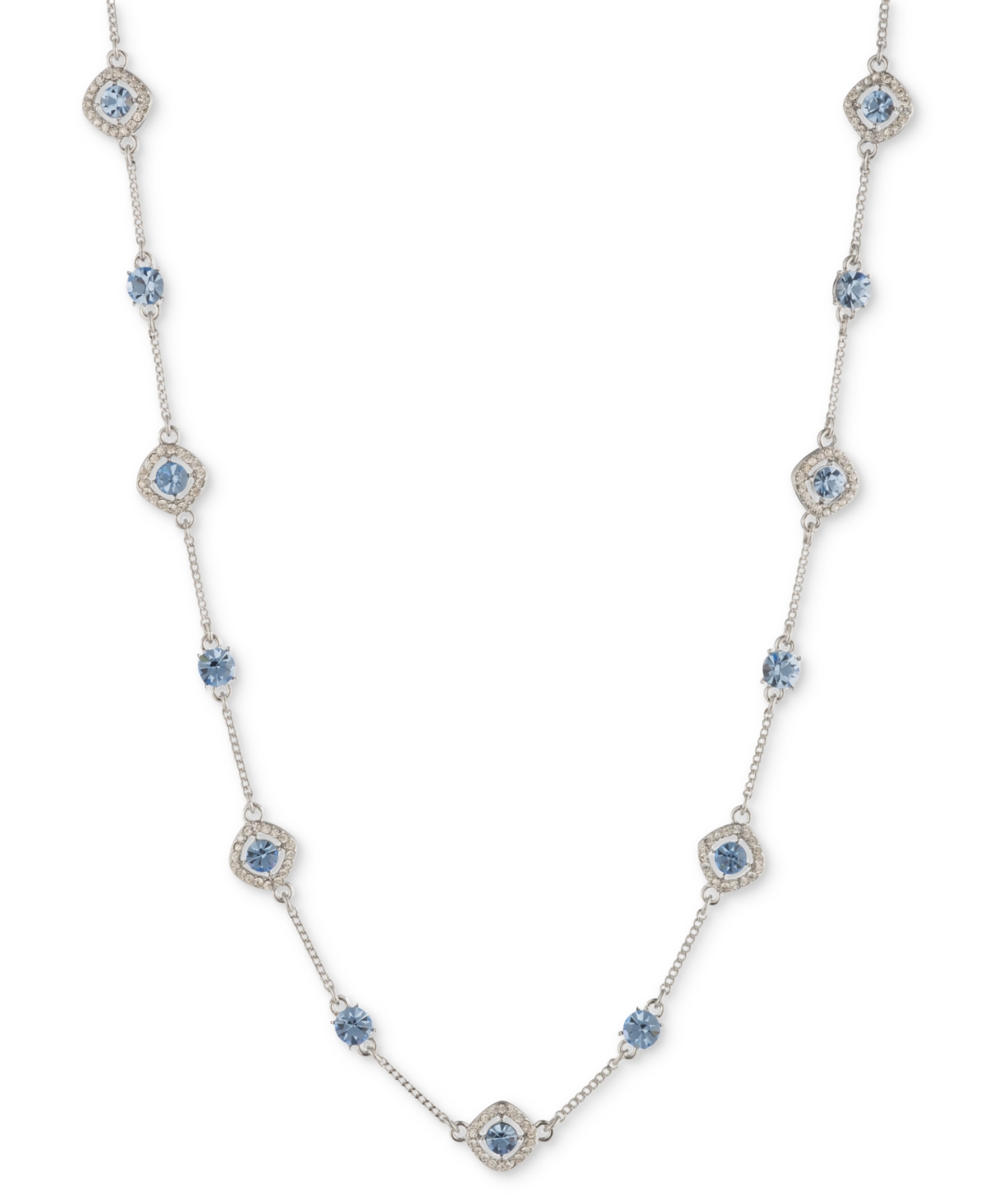 Silver-Tone Pave & Round Crystal Halo Station Necklace, 16" + 3" extender - Turq/aqua