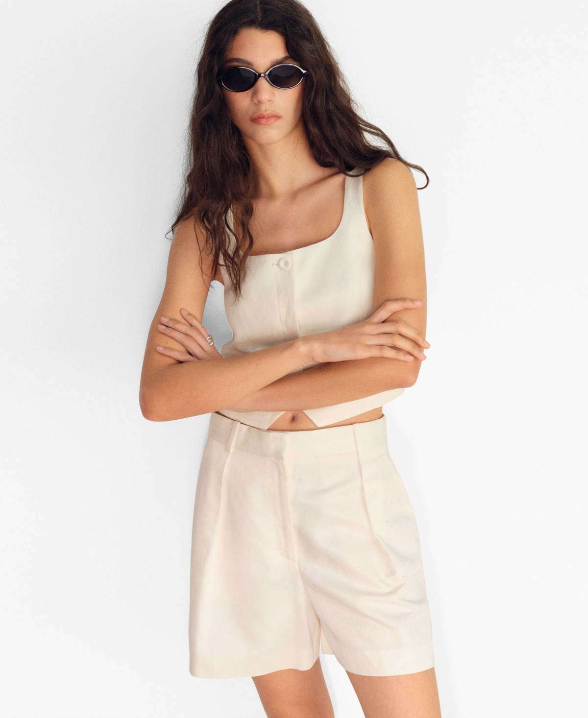 Mango Cotton Mix Low Square Neck Cropped Vest In Metallic