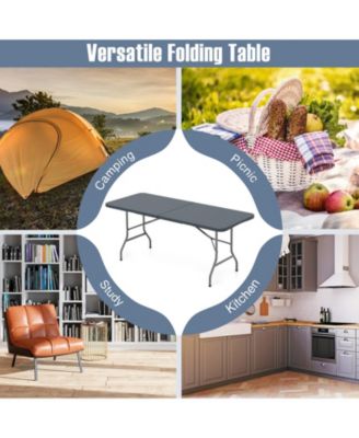 6 Feet Folding Table with Wood Grain HDPE Tabletop and Safe Lock Mechanism