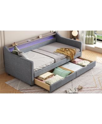 Twin Daybed with Storage, Shelves & USB Ports, Linen Upholstered Sofa with LED Light