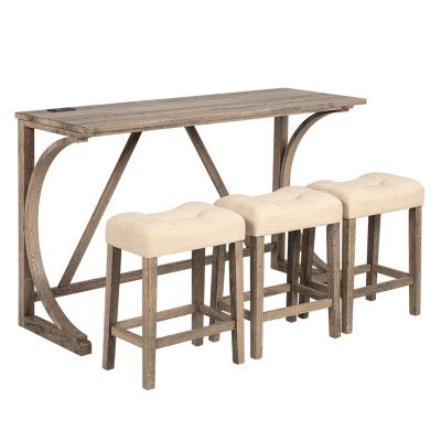 4-Piece Bar Table Set with Power Outlet and 3 Padded Stools