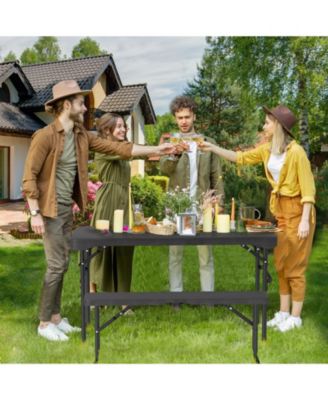 Outdoor Folding Table Bench Set w All-Weather HDPE Tabletop and Sturdy Metal Frame-Black