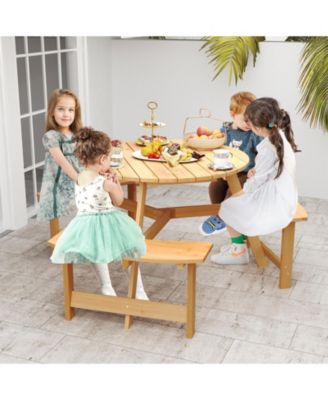 Kids Outdoor Wooden Picnic Table and Bench Set with Umbrella Hole