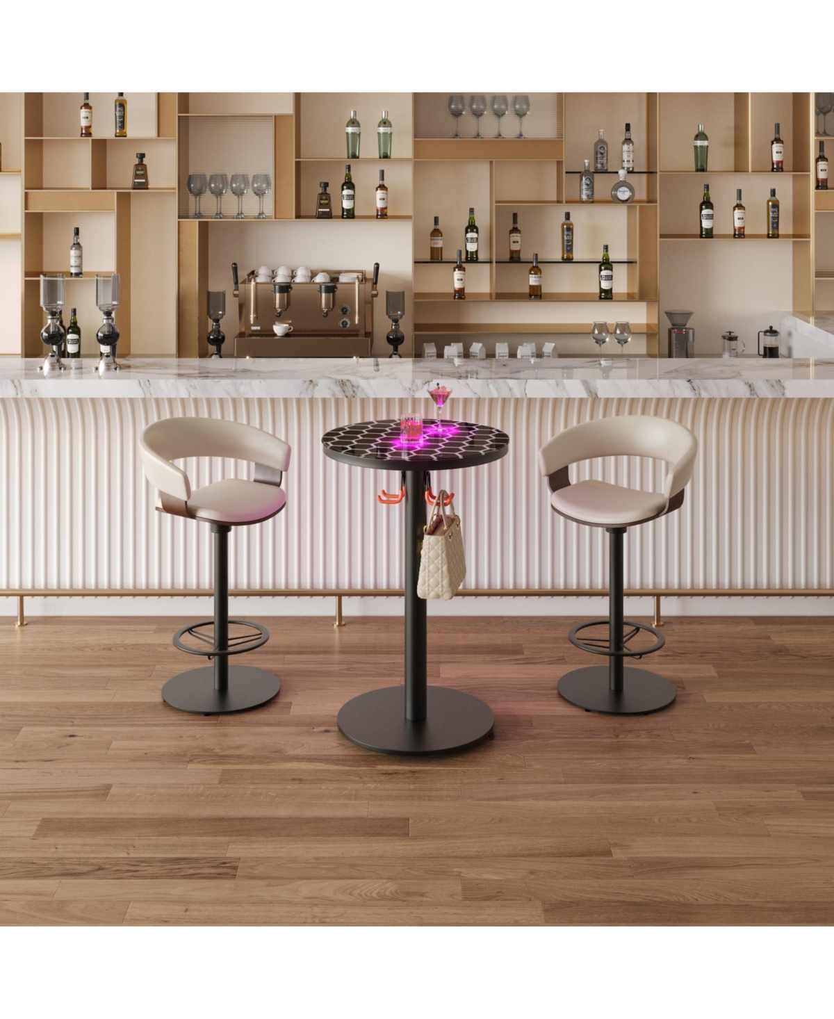 Streamdale Bar Table, Round Cocktail Table with Lights and Glass Top, Large Steel Base, Pub Table for Kitchen, Bistro, Parties
