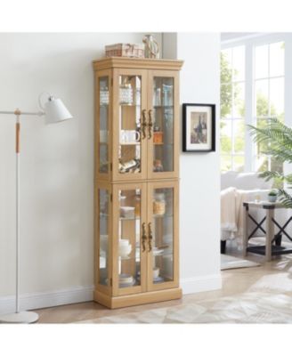 Elegant Glass Display Cabinet with Lighting and Light Oak Frame