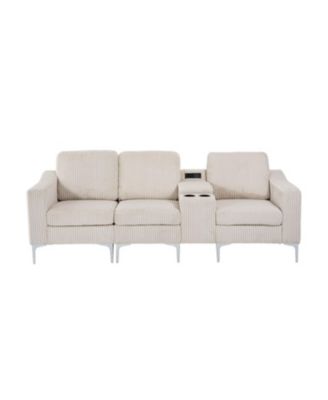 Convertible Sectional Corduroy Sofa with Cupholders, USB,Three-seater,Beige