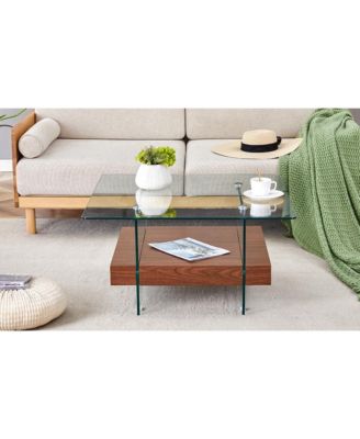 31.4" Tempered Glass & MDF 2-Tier Modern Square Coffee Table
