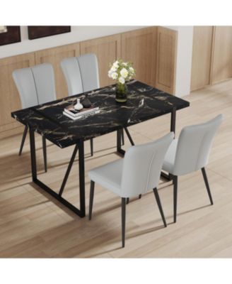 Modern Marble Dining Set Black Table & Light Gray Striped Chairs