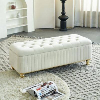  Beige Velvet Storage Ottoman with Gold Decor