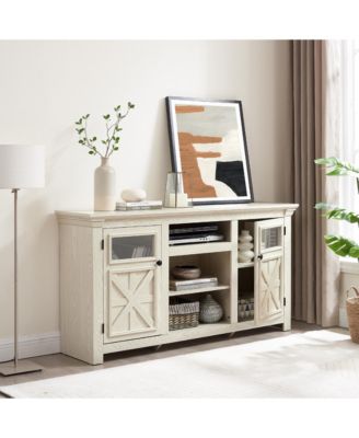 Farmhouse TV Stand, 60" Modern Entertainment Console with 2 Doors, White