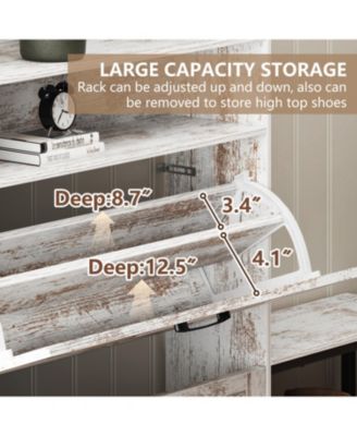 Farmhouse Shoe Cabinet with Flip Drawers, Adjustable Slots, and Open Shelves for Entryway or Balcony