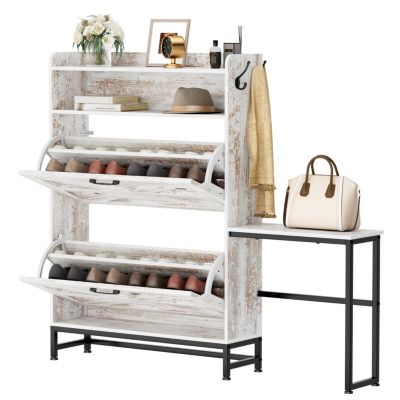 Farmhouse Shoe Cabinet with Flip Drawers, Adjustable Slots, and Open Shelves for Entryway or Balcony