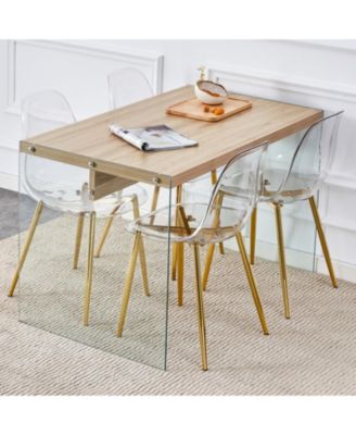 Contemporary Wood Table and Chair Set Textured MDF Table with Tempered Glass Legs and 4 Acrylic Chairs on Gold Bases