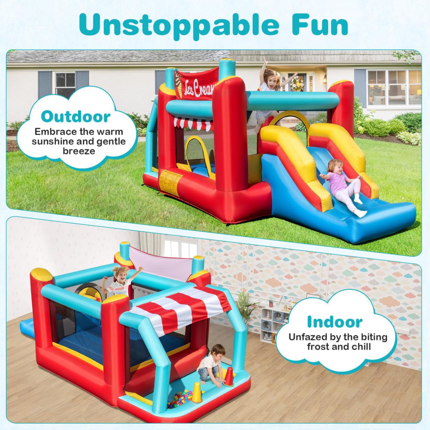 Детская игрушка GOUUN 5-in-1 Ice Cream 187"L x 88"W x 79"H Inflatable Bounce House, Up to 2 Players, Ages 3+, цвет: Синий — фото 7
