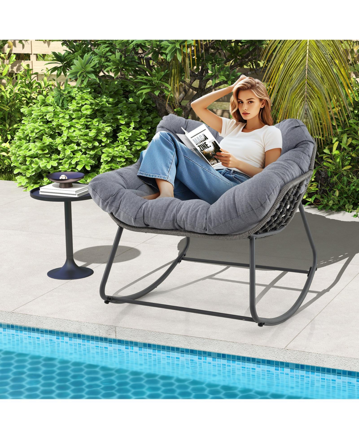 Outdoor Rocking Chair Oversized Patio Pe Wicker Egg Chair with Cushion-Gray