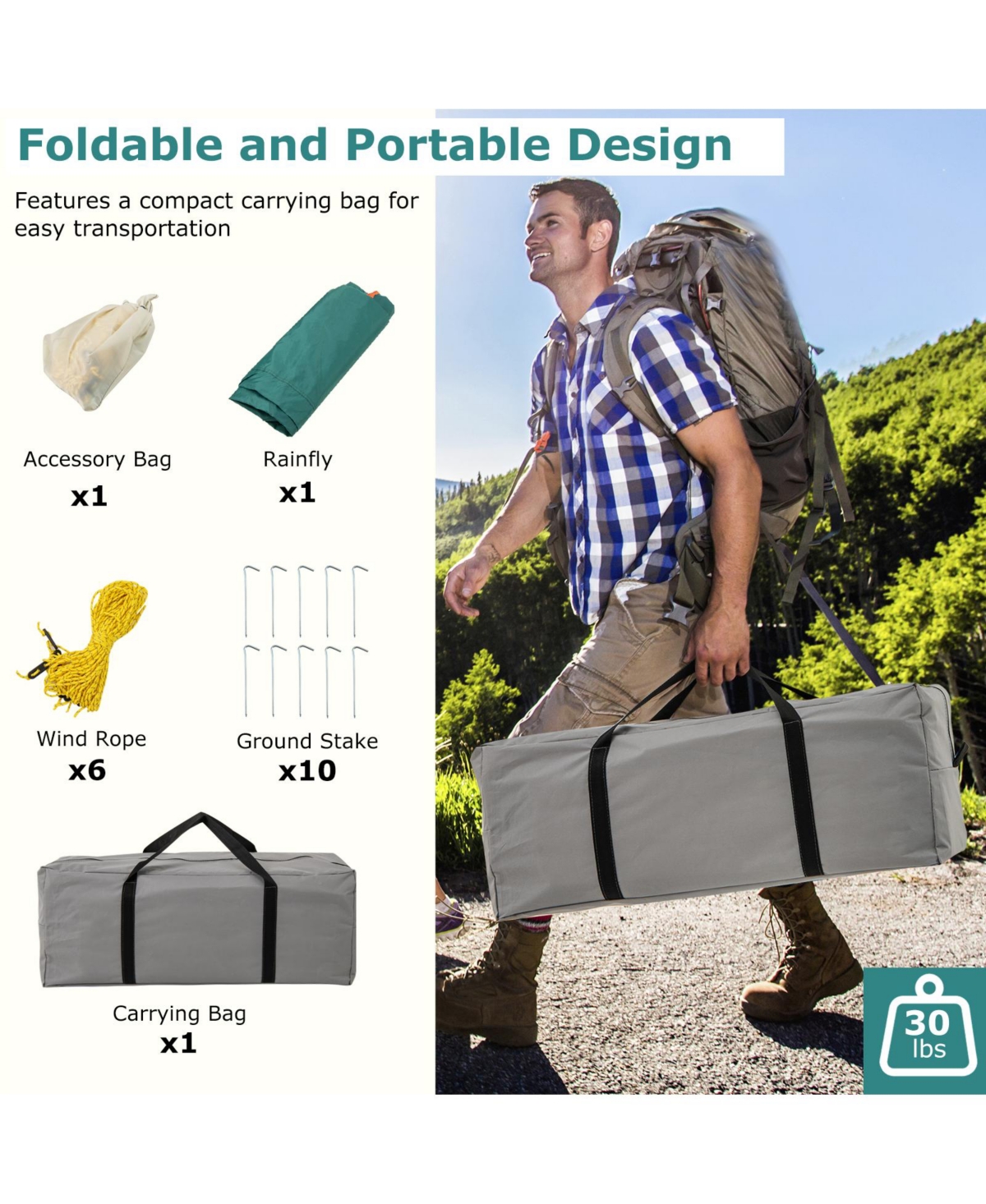 8-10 Person Camping Tent with Double Rooms and 2 Doors