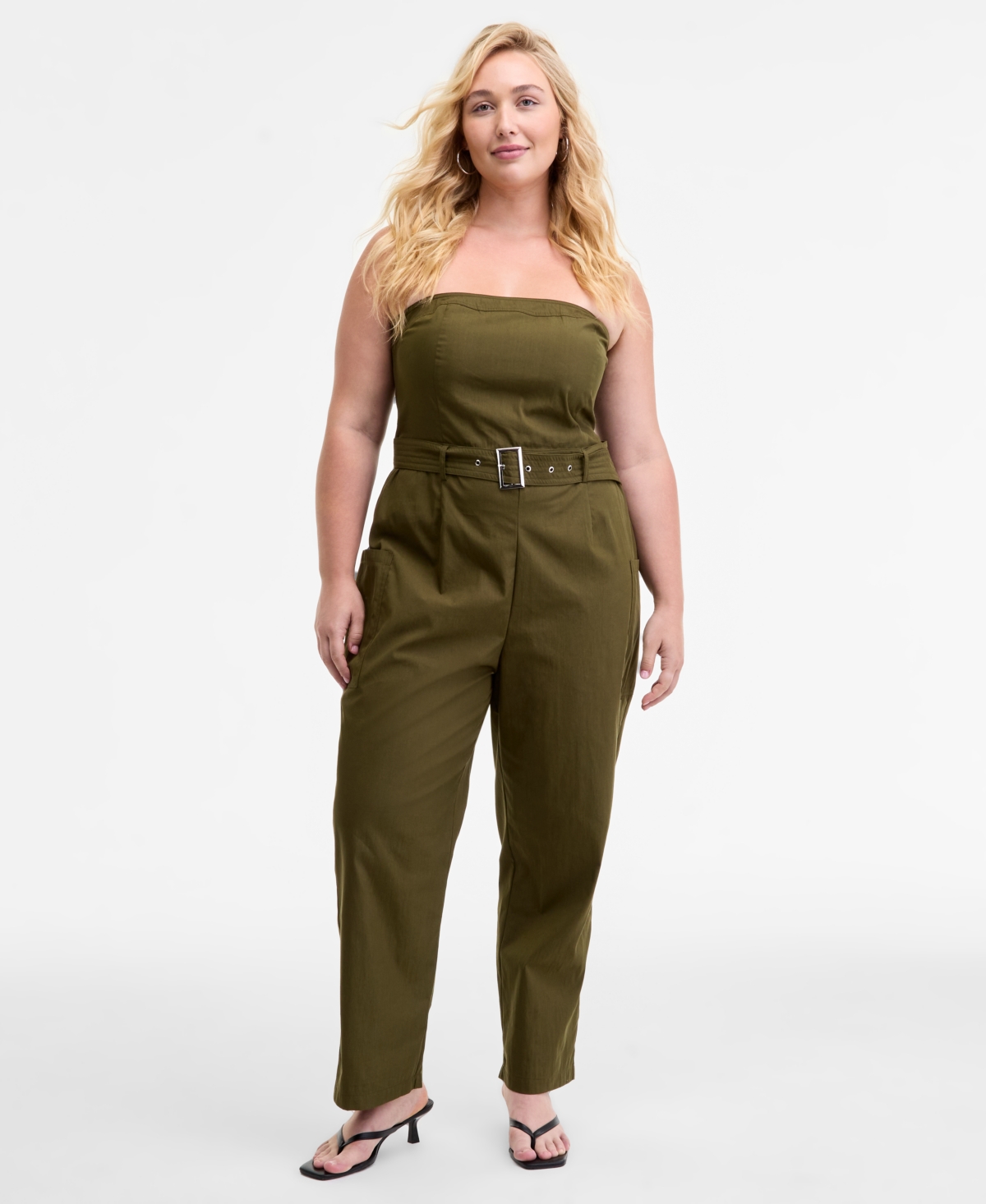 Trendy Plus Size Strapless Belted Utility Jumpsuit, Macy's Exclusive - Olive