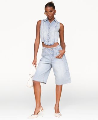 Women's Sleeveless Tuxedo Cotton Denim Shirt