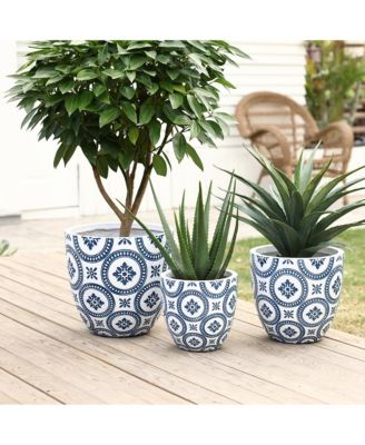 Blue and White Flower Pattern Round Tapered 11.8-Inch Tall Mgo Planter, Indoor and Outdoor
