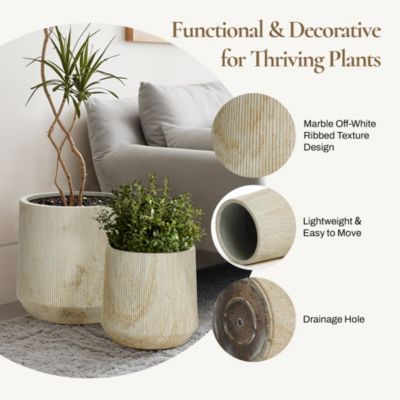 2-Piece Marble Off-White Ribbed Texture MgO Planter Set, Indoor and Outdoor