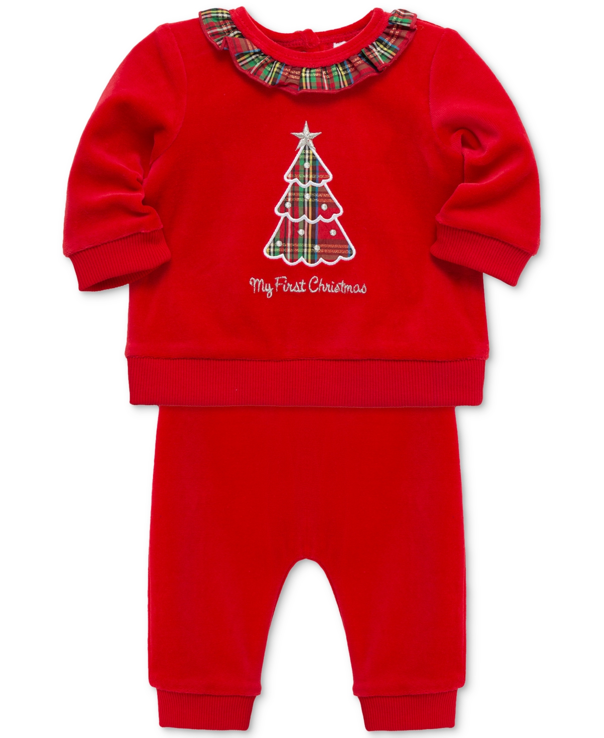 Little Me Baby Plaid Tree Velour Top & Pants, 2 Piece Set In Red