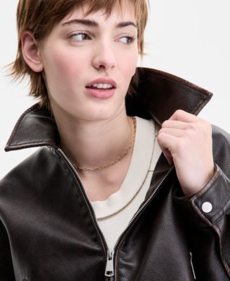 Women's Faux-Leather Vintage-Wash Bomber Jacket