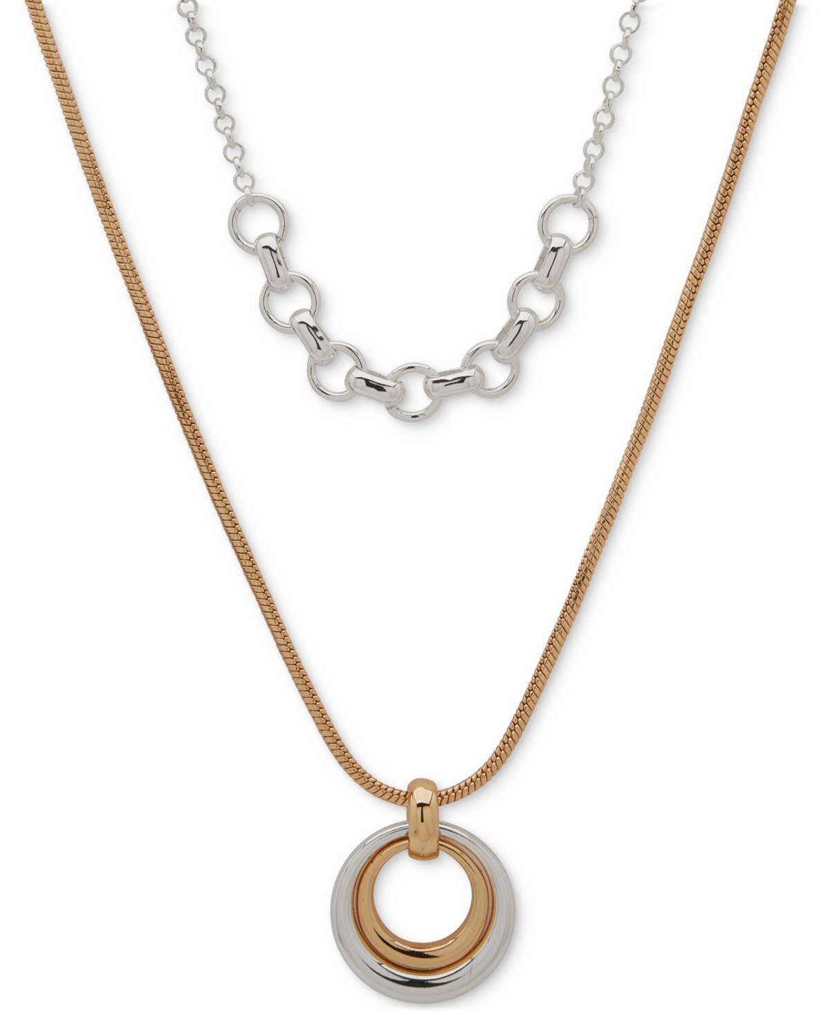 Two-Tone Interlocking Ring Layered Pendant Necklace, 16" + 3" extender - T-TONE