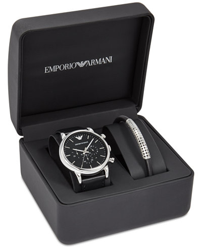 Emporio Armani Men's Chronograph Luigi Black Leather Strap Watch and Bracelet Set 46mm AR8029