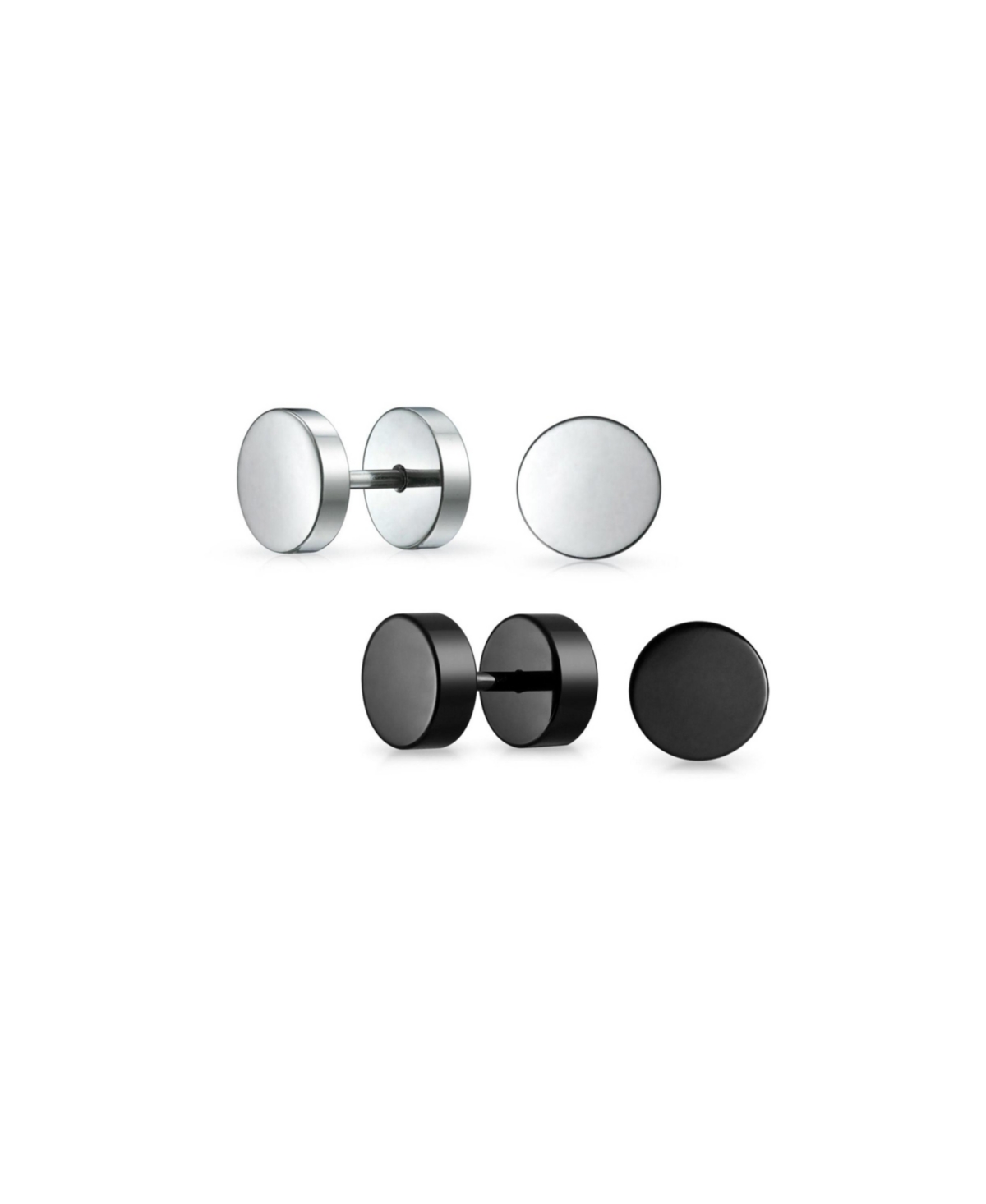 Set of 2 Black Bar Bell Round Illusion Faux Ear Plug Earrings Surgical Steel 16G - Black set