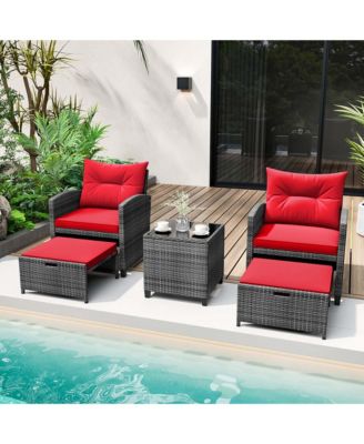 5 Piece Patio Rattan Furniture with 2 Ottomans & Coffee Table
