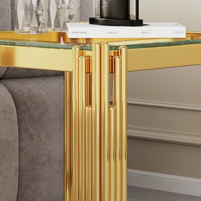 Top and Bottom Double Layer Tempered Glass End Table and Mirror Finished Stainless Steel Frame