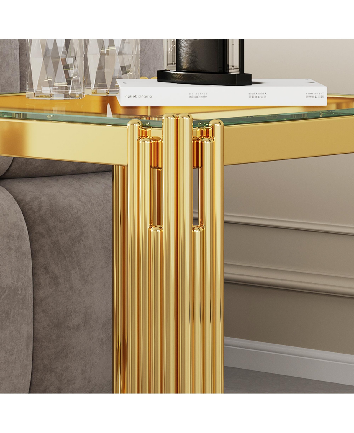 Streamdale Top and Bottom Double Layer Tempered Glass End Table and Mirror Finished Stainless Steel Frame