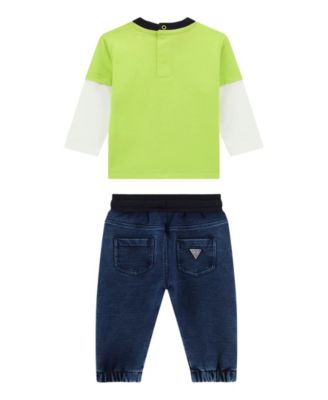 Baby Boys 2-Piece Long Sleeve Two-Fer Shirt and Knit Denim Pants Set