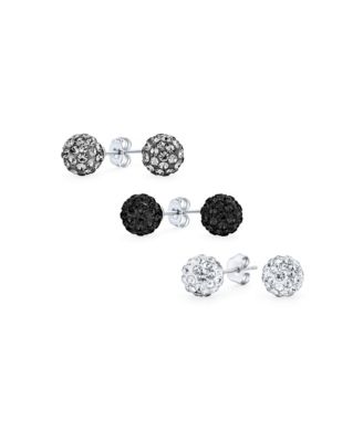 Glittering Pave 8MM Crystal Disco Ball Red Yellow Pink Stud Earrings Sterling Silver Post (Set of 3)
