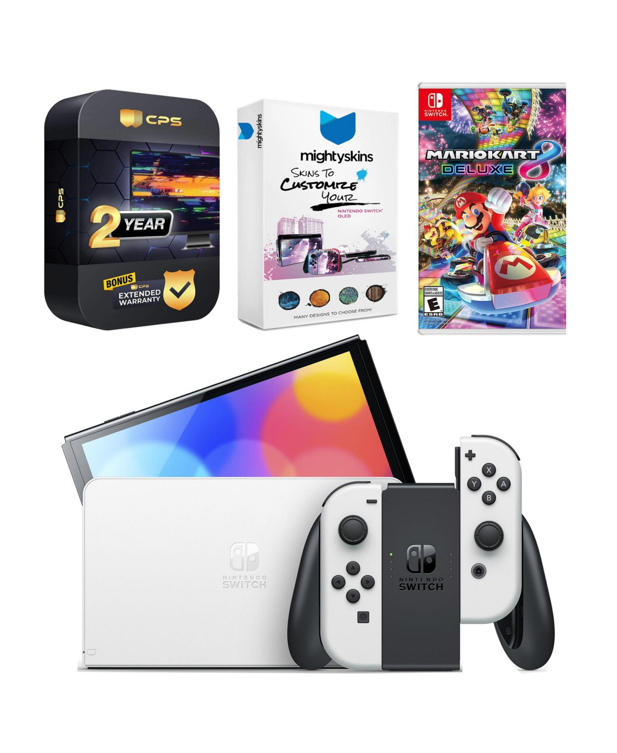 Nintendo Switch White Oled Console with Mario Kart 8 Deluxe, MightySkins Console and Controller Skin Voucher, and 2 Year Cps Extended Warranty