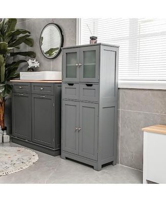4 Door Freestanding Bathroom Floor Storage Cabinet with 2 Drawers and Glass Doors