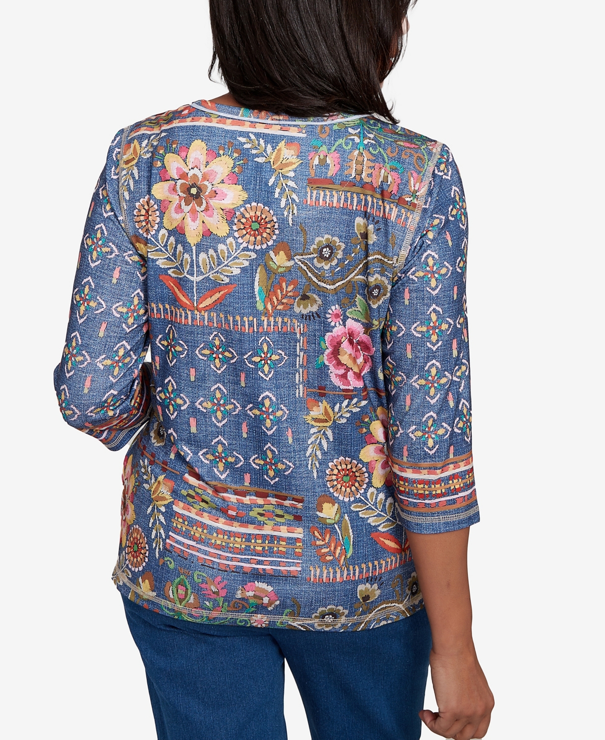 Alfred Dunner Petite El Paso Mixed Pattern Floral Patch Top In Blue