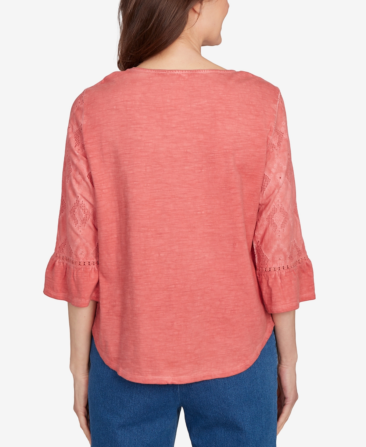 Alfred Dunner Petite El Paso Diamond Textured Spliced Bell Sleeve Top In Pink