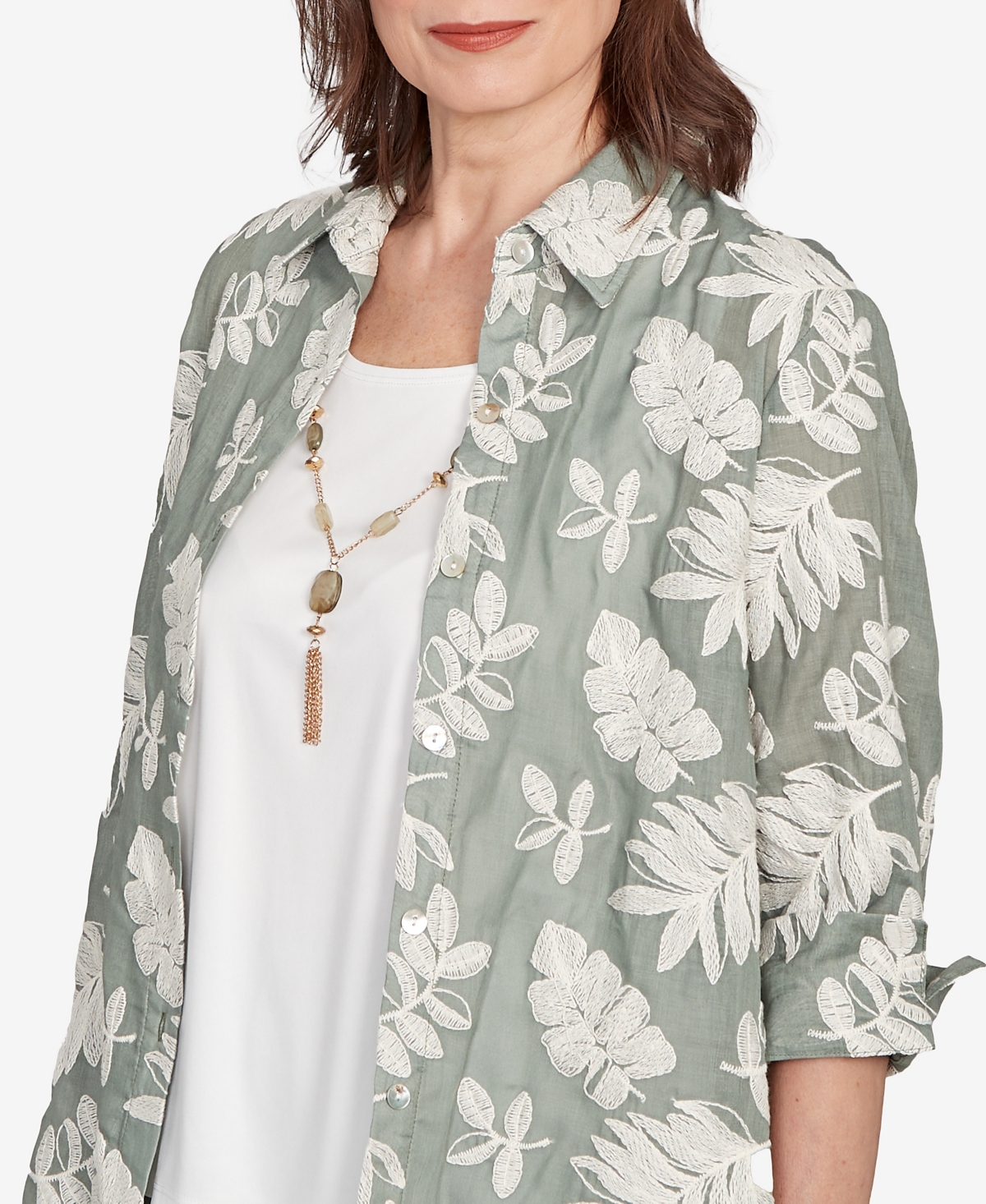 Alfred Dunner Petite Copper Canyon Soutache Leaf Two In One Collated Top With Necklace In Multi